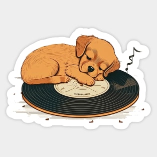 Serenity Unleashed: Sleeping Puppy on Vintage Vinyl Record Art Print Sticker